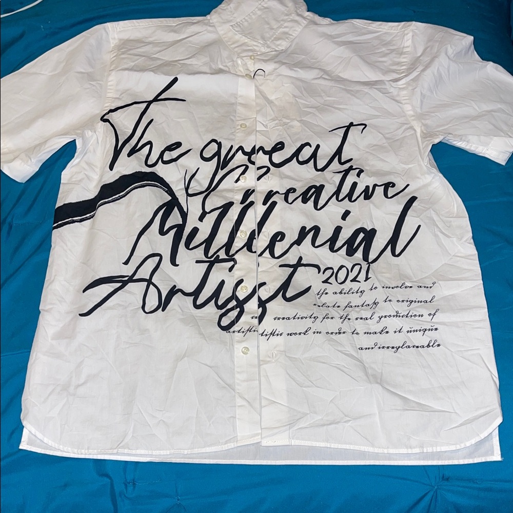 Zara White Short-Sleeve Button-Down Shirt with Black Script Graphic